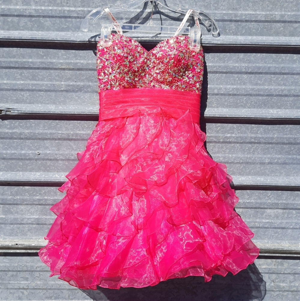 Pink Cinderella Strapless Rhinestone Cinch Waist Layered Waterfall Formal Dress